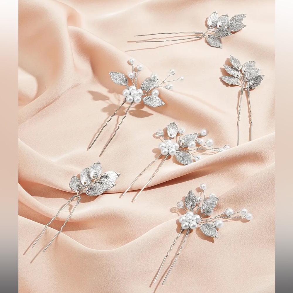Azazie Silver Alloy Leaves U-Shaped Hairpins 6 Pcs NEW
